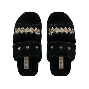 Faith Black Luxury Plush Diamanté Embellished Handmade Slipper