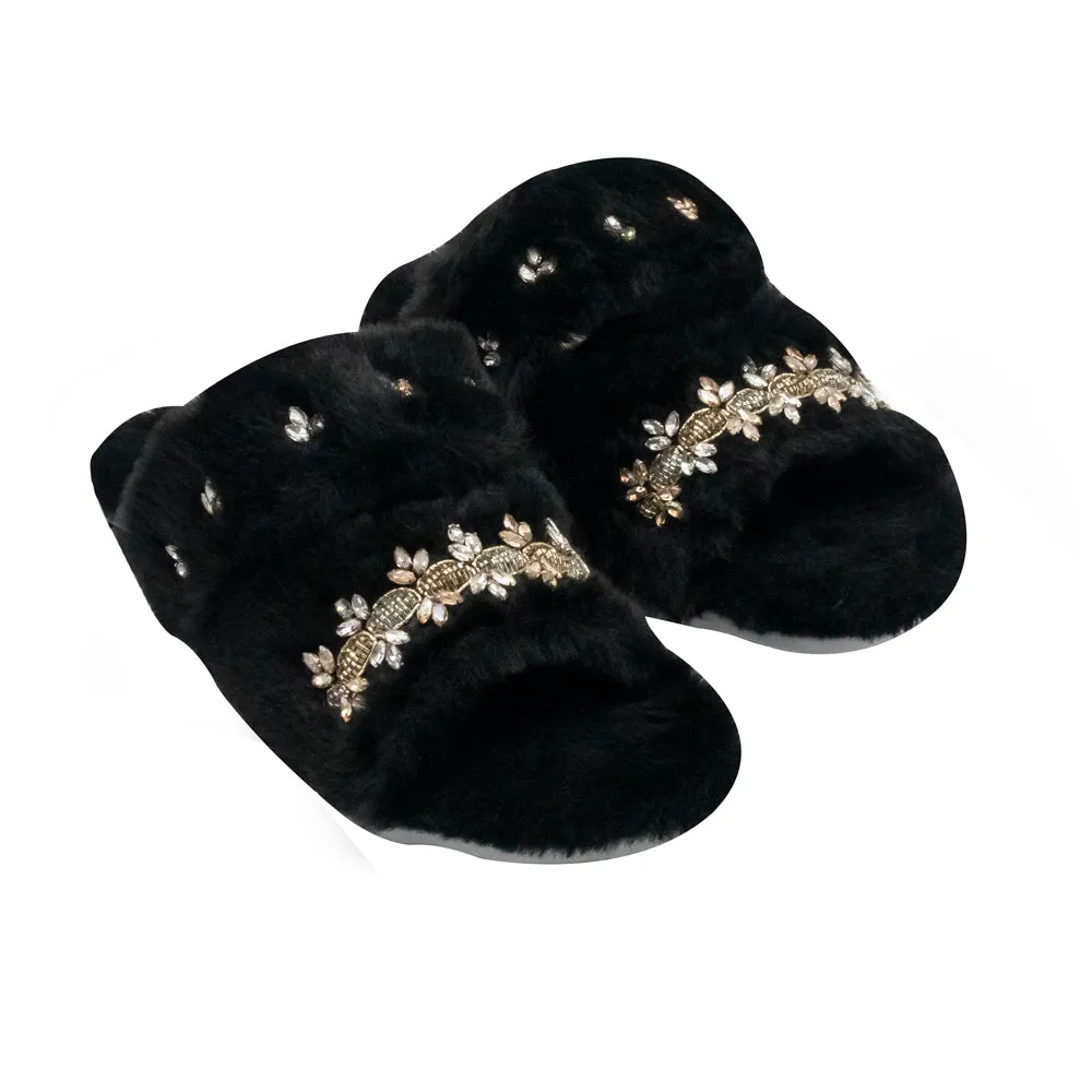 Faith Black Luxury Plush Diamanté Embellished Handmade Slipper