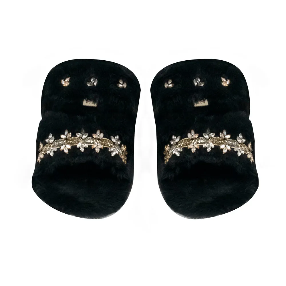 Faith Black Luxury Plush Diamanté Embellished Handmade Slipper
