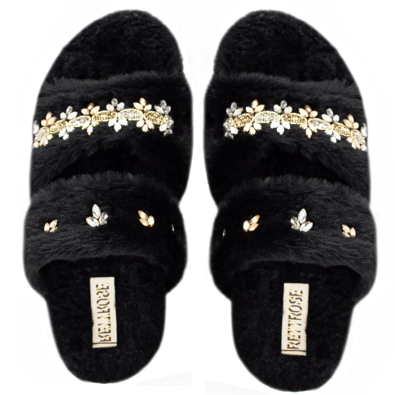 Faith Black Luxury Plush Diamanté Embellished Handmade Slipper