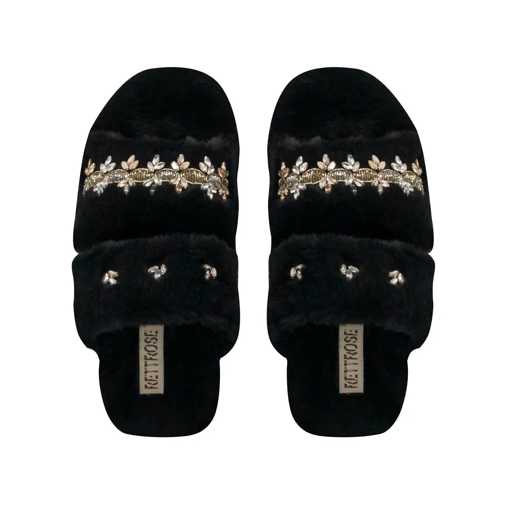 Faith Black Luxury Plush Diamanté Embellished Handmade Slipper