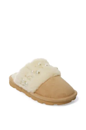 Faux-Fur And Pearl Cozy Slipper Off White