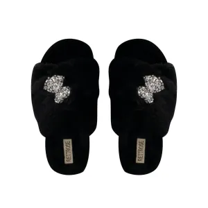 Fefe Black Luxury Plush Diamanté Embellished Handmade Slipper