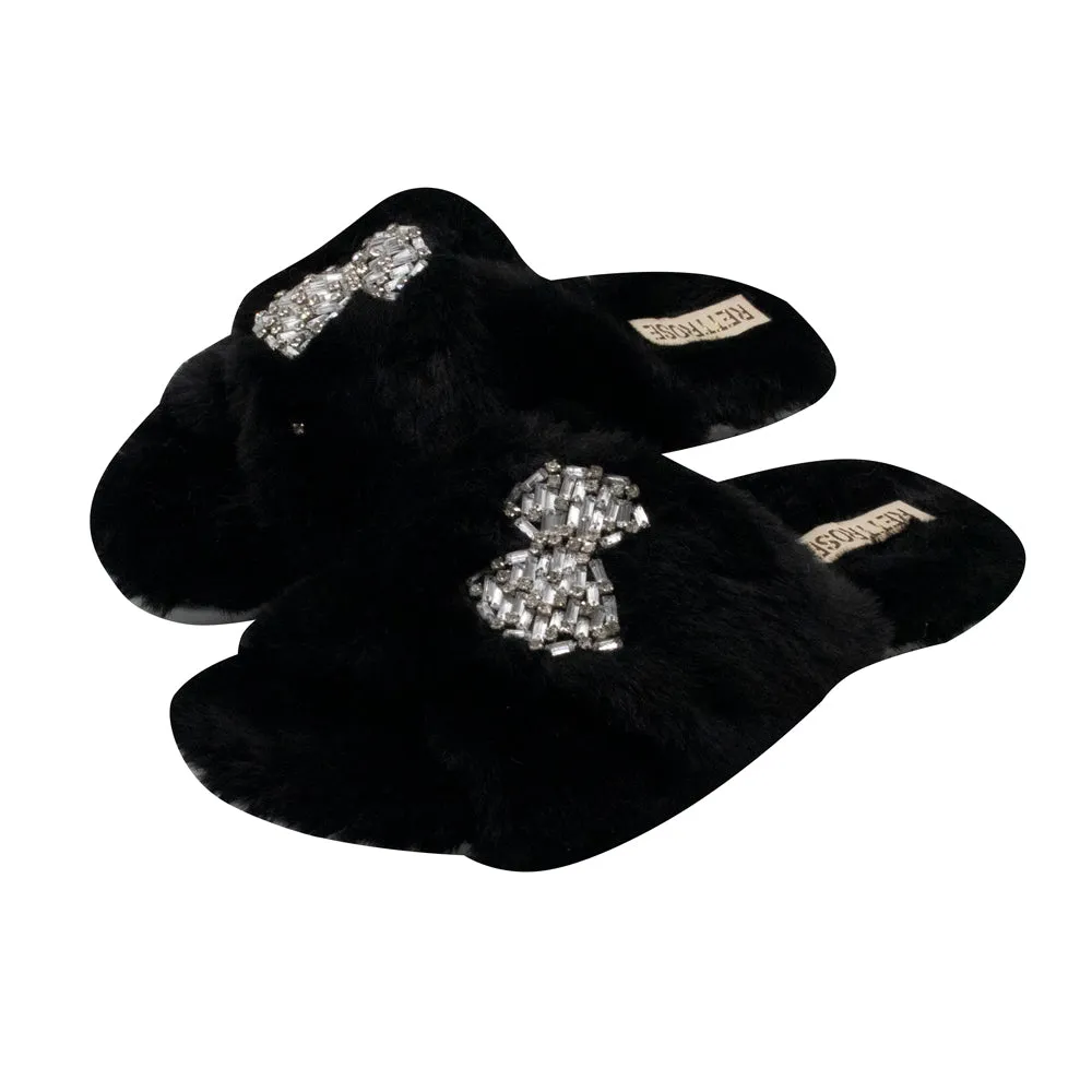 Fefe Black Luxury Plush Diamanté Embellished Handmade Slipper