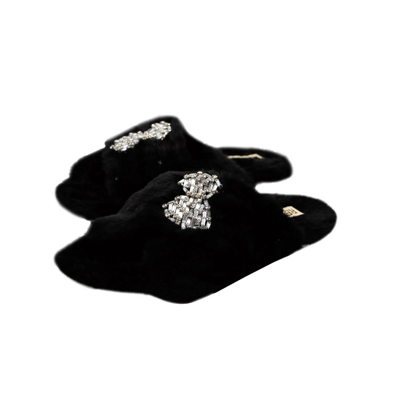 Fefe Black Luxury Plush Diamanté Embellished Handmade Slipper