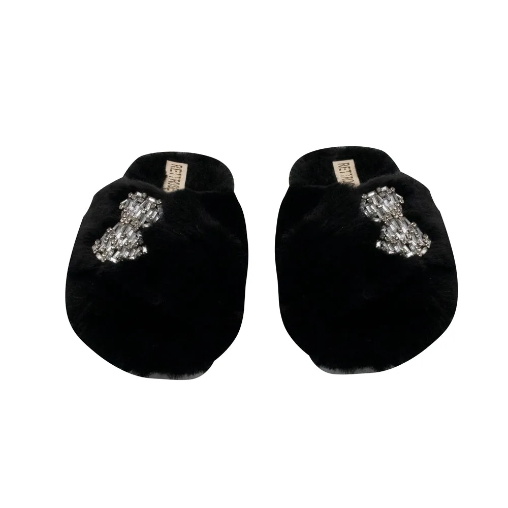 Fefe Black Luxury Plush Diamanté Embellished Handmade Slipper