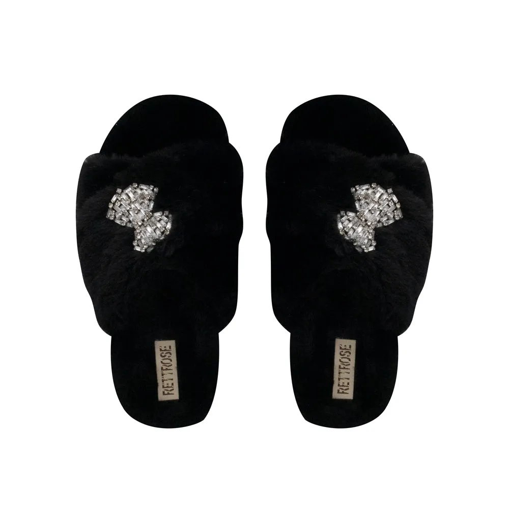 Fefe Black Luxury Plush Diamanté Embellished Handmade Slipper