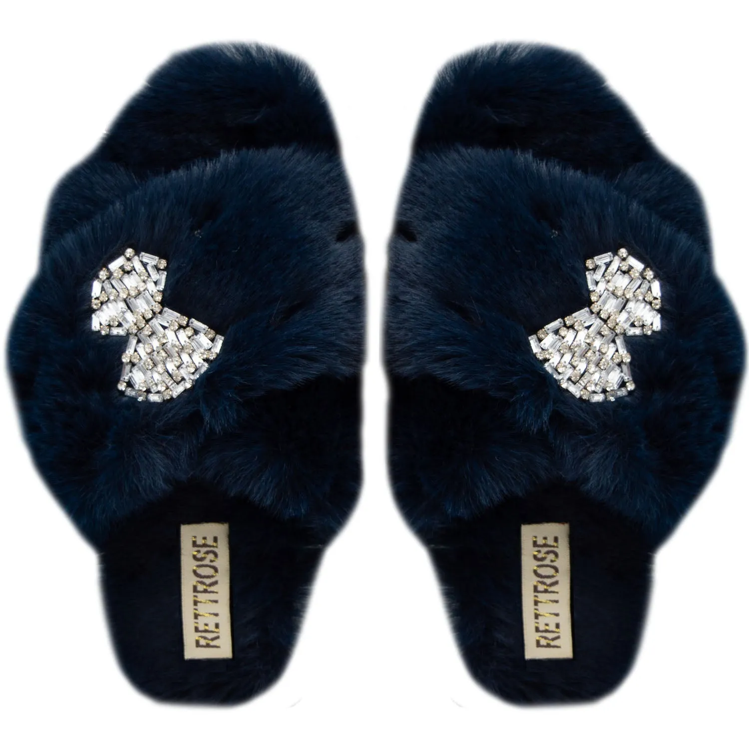 Fefe Navy Luxury Plush Diamanté Embellished Handmade Slipper