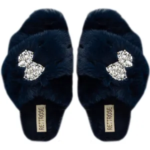 Fefe Navy Luxury Plush Diamanté Embellished Handmade Slipper
