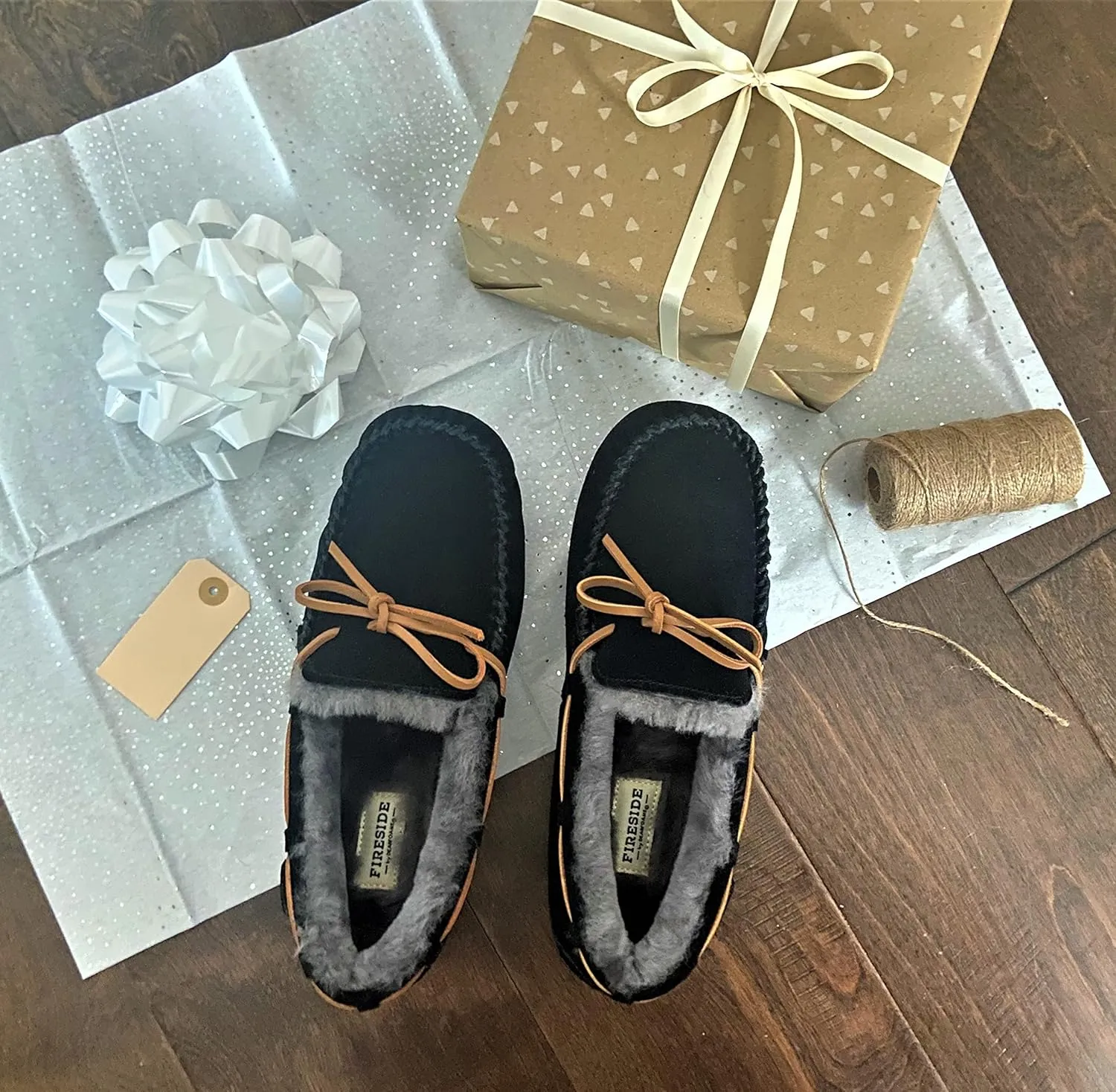 Fireside by Dearfoams Men's Victor Shearling Moccasin with Tie Slipper