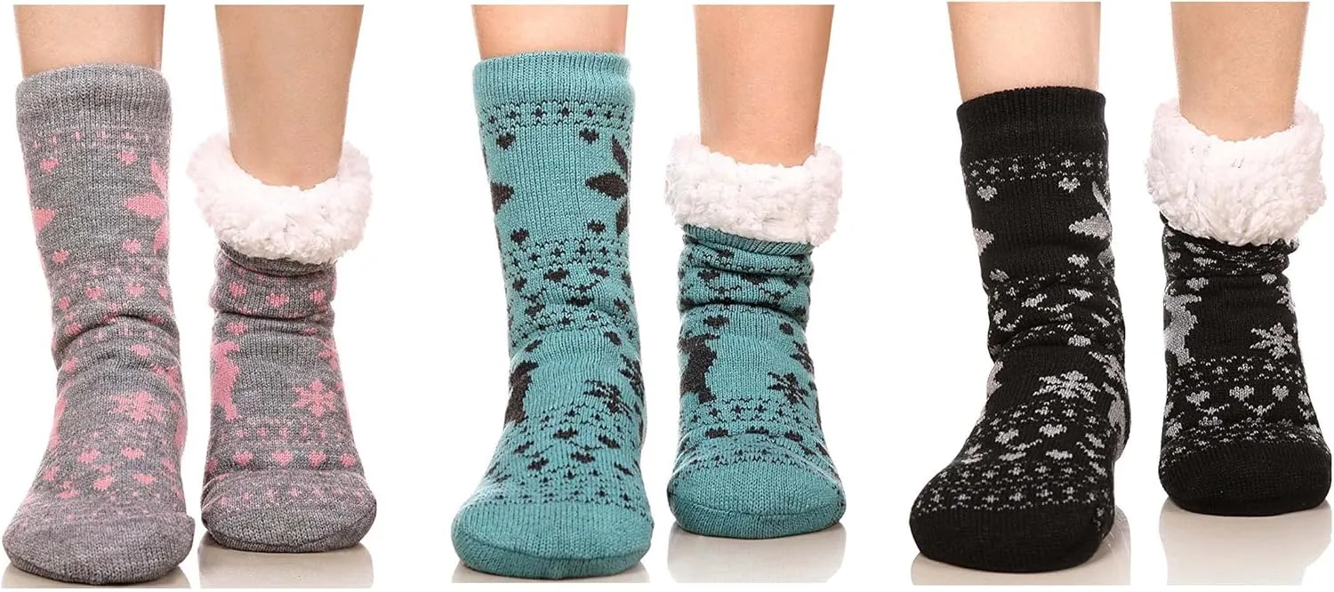 FRALOSHA Women's Slipper Socks Warm Fuzzy Fleece-lined Indoor Anti-Skid Floor Socks 3 Pairs Christmas Gift