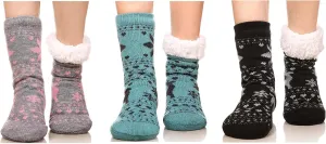 FRALOSHA Women's Slipper Socks Warm Fuzzy Fleece-lined Indoor Anti-Skid Floor Socks 3 Pairs Christmas Gift