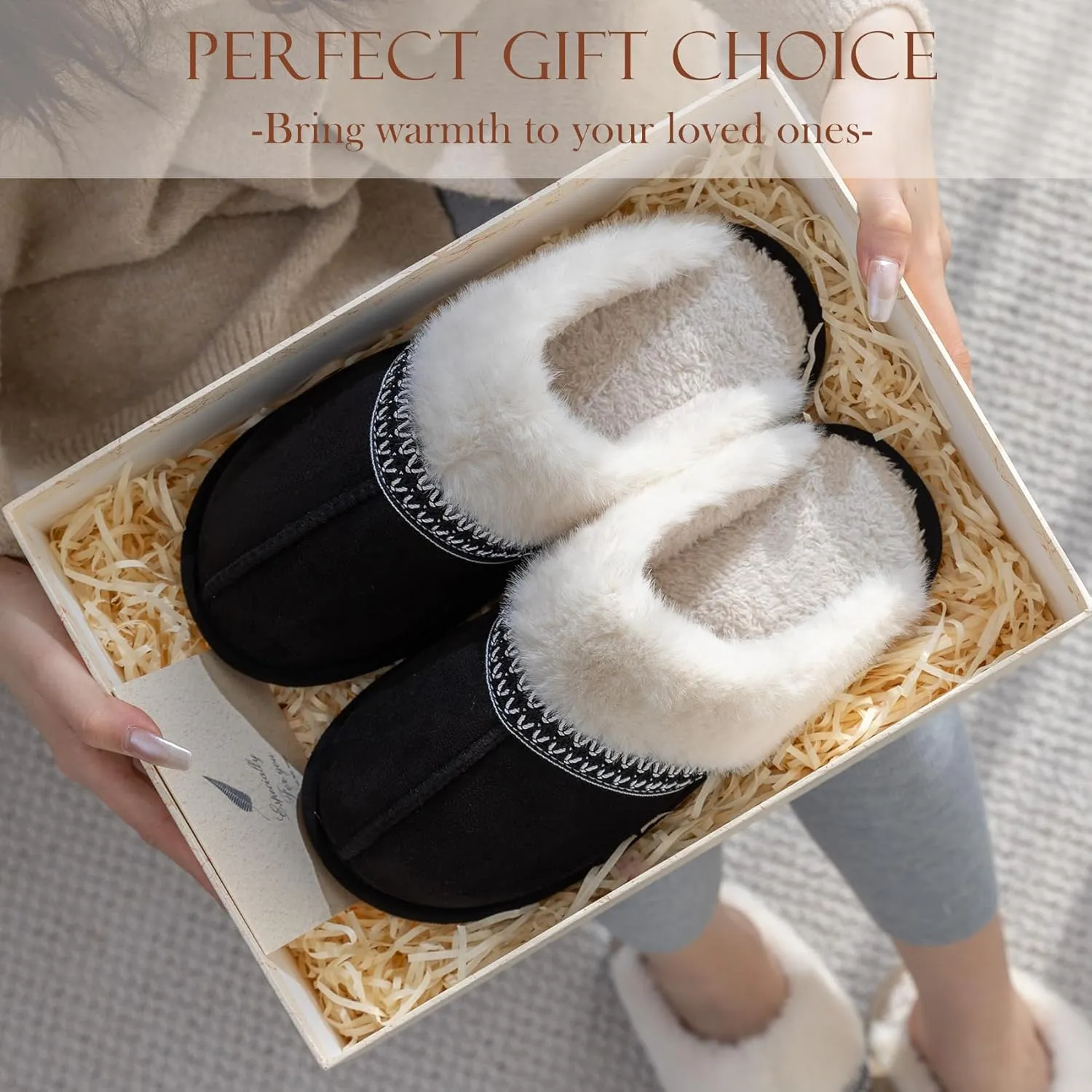 Fuzzy Slippers for Women with Memory Foam Warm Winter Suede House Slippers Indoor Outdoor Gifts For Women Faux Fur Anti-Skid