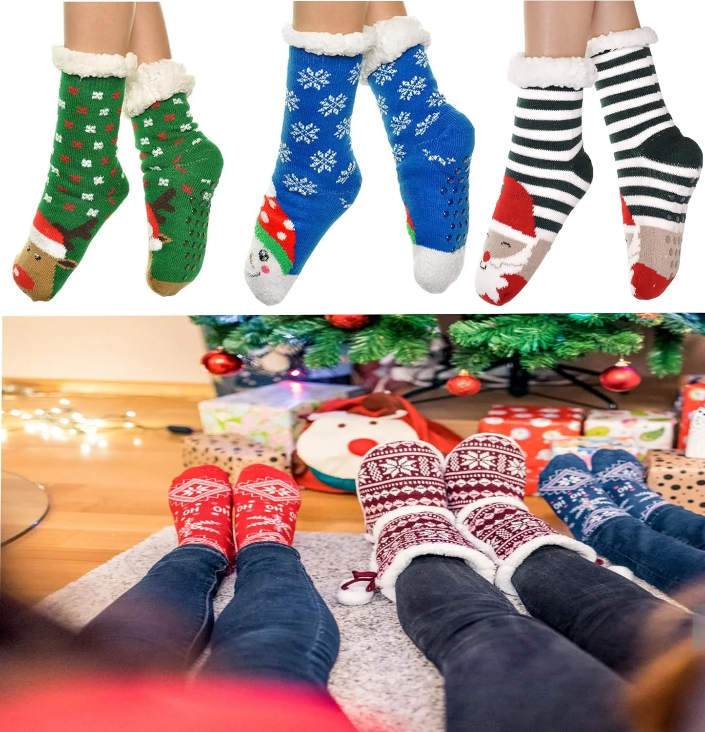 Gilbins Winter-Weight Thermal Thick Knit Fleece-Lined Cozy Sherpa Lined Fuzzy Slipper Socks With Grippers (3 Pack)
