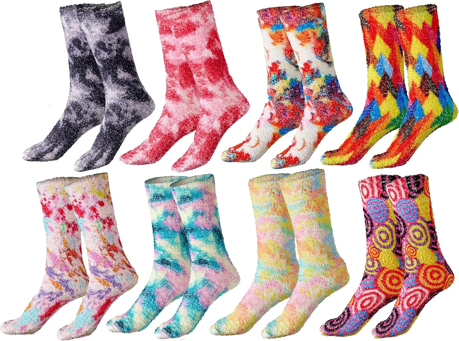 Gilbins Women's Cozy Tie Dye Slipper Fuzzy Fulffy Socks Set-Crew Socks Plush Socks, Loungewear 2 Pairs