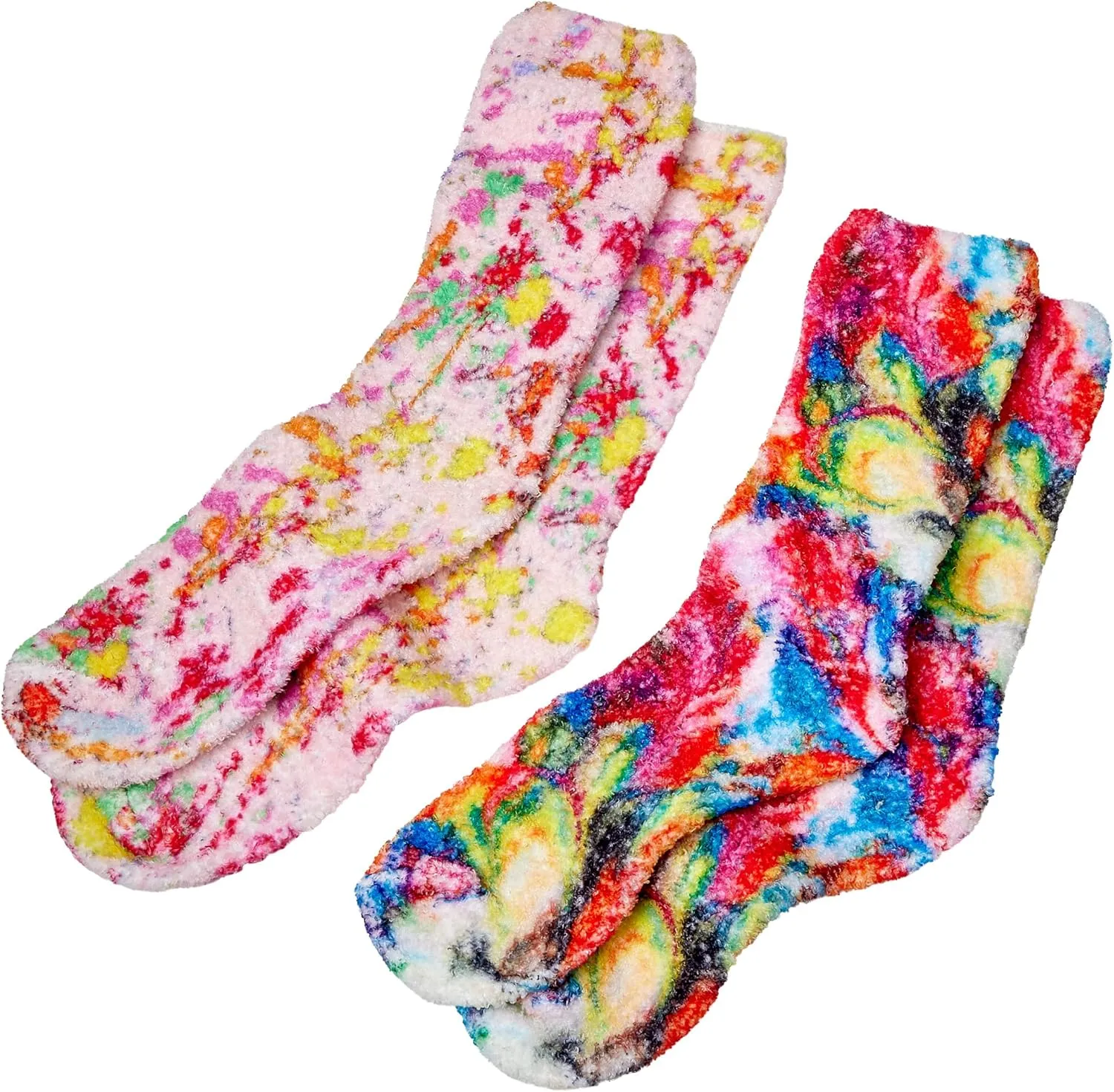 Gilbins Women's Cozy Tie Dye Slipper Fuzzy Fulffy Socks Set-Crew Socks Plush Socks, Loungewear 2 Pairs