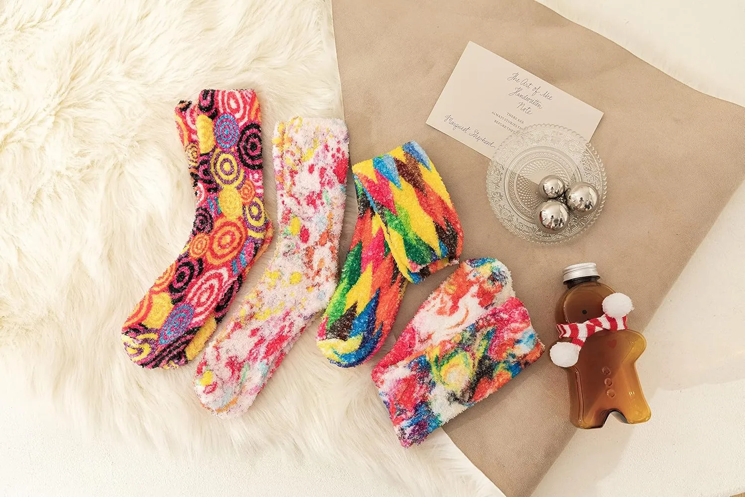 Gilbins Women's Cozy Tie Dye Slipper Fuzzy Fulffy Socks Set-Crew Socks Plush Socks, Loungewear 2 Pairs