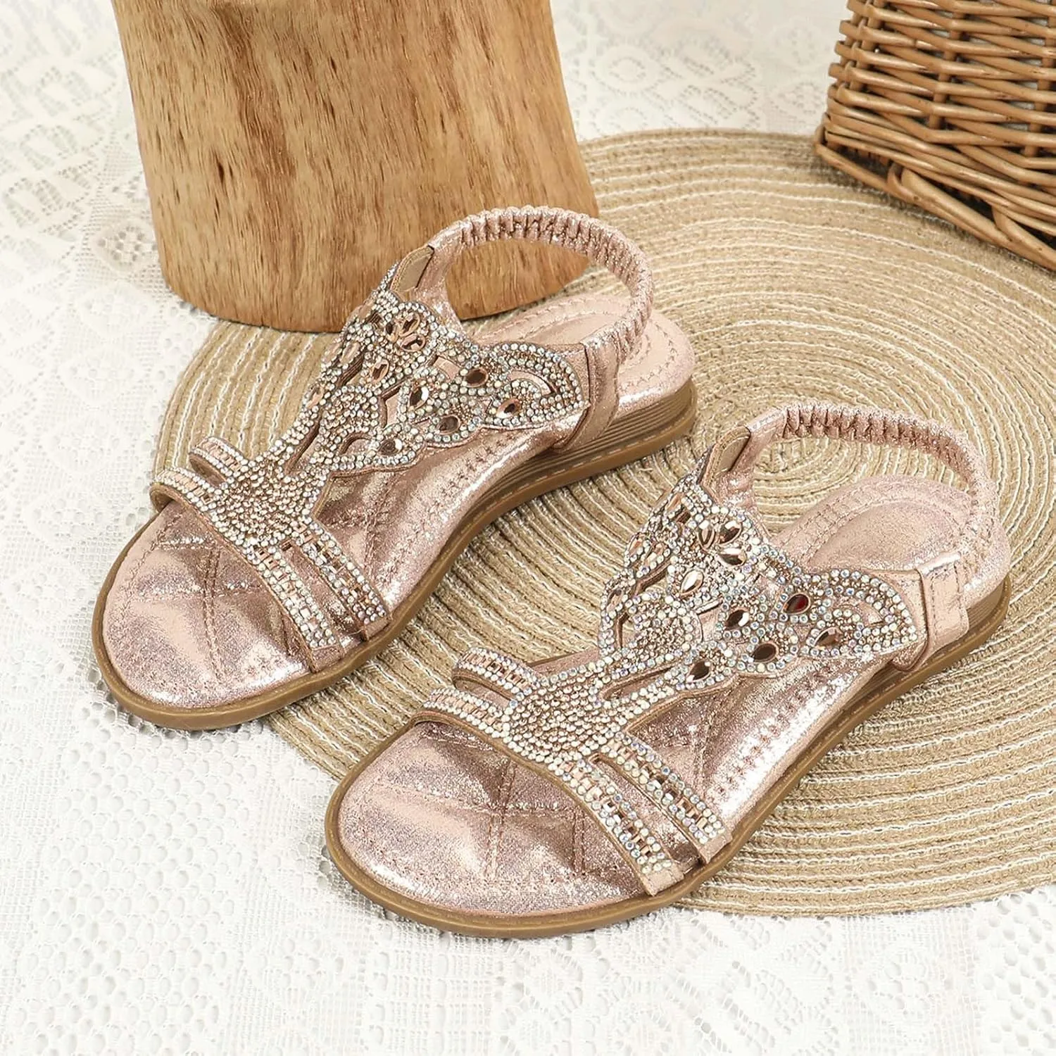 Girls Flat Sandals Open Toe Cute Flats Dressy Boho Rhinestone Sandals Summer Beach Walking Shoes Toddler/Little Kid/Big Kid