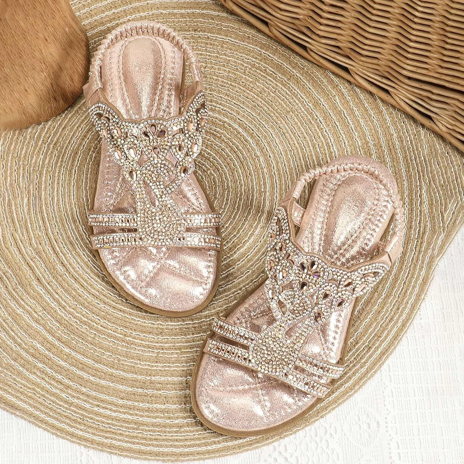 Girls Flat Sandals Open Toe Cute Flats Dressy Boho Rhinestone Sandals Summer Beach Walking Shoes Toddler/Little Kid/Big Kid
