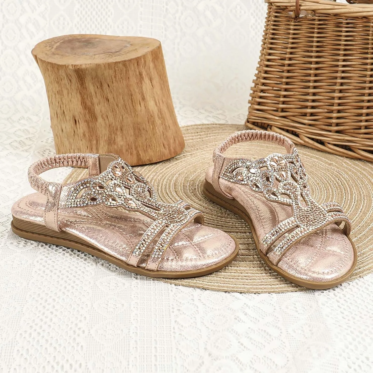 Girls Flat Sandals Open Toe Cute Flats Dressy Boho Rhinestone Sandals Summer Beach Walking Shoes Toddler/Little Kid/Big Kid
