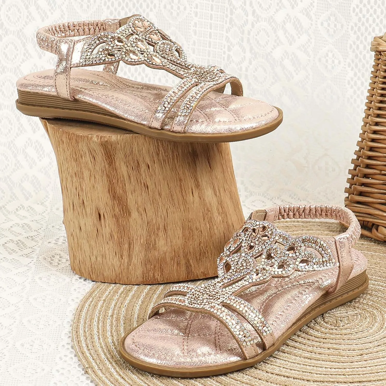 Girls Flat Sandals Open Toe Cute Flats Dressy Boho Rhinestone Sandals Summer Beach Walking Shoes Toddler/Little Kid/Big Kid
