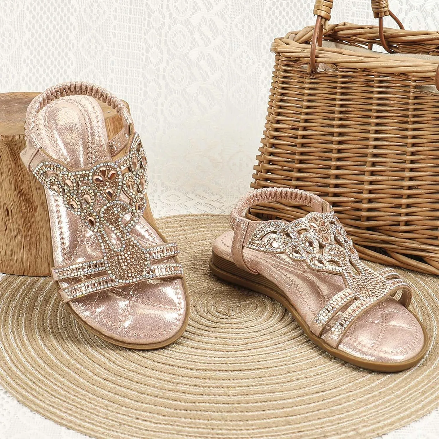 Girls Flat Sandals Open Toe Cute Flats Dressy Boho Rhinestone Sandals Summer Beach Walking Shoes Toddler/Little Kid/Big Kid