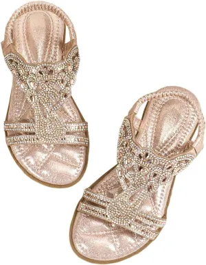 Girls Flat Sandals Open Toe Cute Flats Dressy Boho Rhinestone Sandals Summer Beach Walking Shoes Toddler/Little Kid/Big Kid