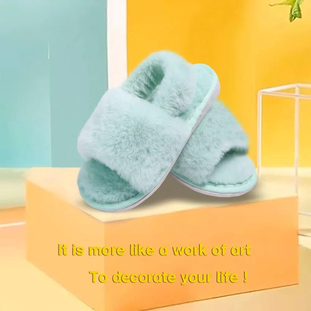Girl's Fuzzy Fluffy Furry Slippers Cross Band Shoes Slides for Girls Fur Flip Flop Open Toe Slippers