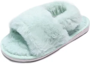 Girl's Fuzzy Fluffy Furry Slippers Cross Band Shoes Slides for Girls Fur Flip Flop Open Toe Slippers
