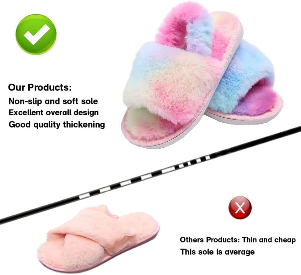 Girl's Fuzzy Fluffy Furry Slippers Cross Band Shoes Slides for Girls Fur Flip Flop Open Toe Slippers