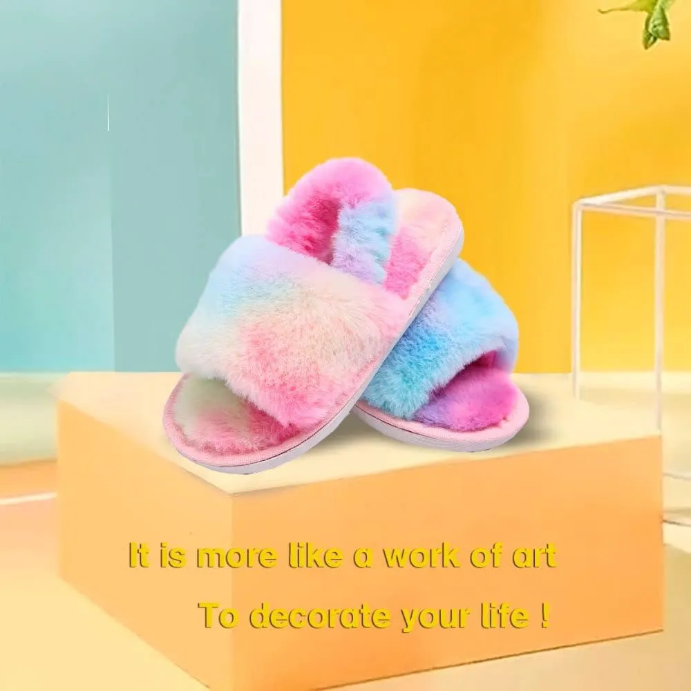 Girl's Fuzzy Fluffy Furry Slippers Cross Band Shoes Slides for Girls Fur Flip Flop Open Toe Slippers