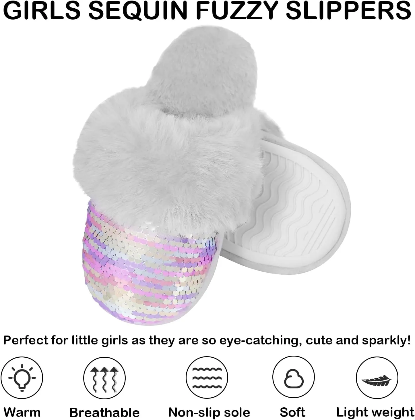 Girls Plush House Slippers Fluffy Sequin Slippers, Cute Faux Fur Slip-on Shoes Memory Foam House Slipper