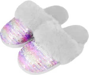 Girls Plush House Slippers Fluffy Sequin Slippers, Cute Faux Fur Slip-on Shoes Memory Foam House Slipper