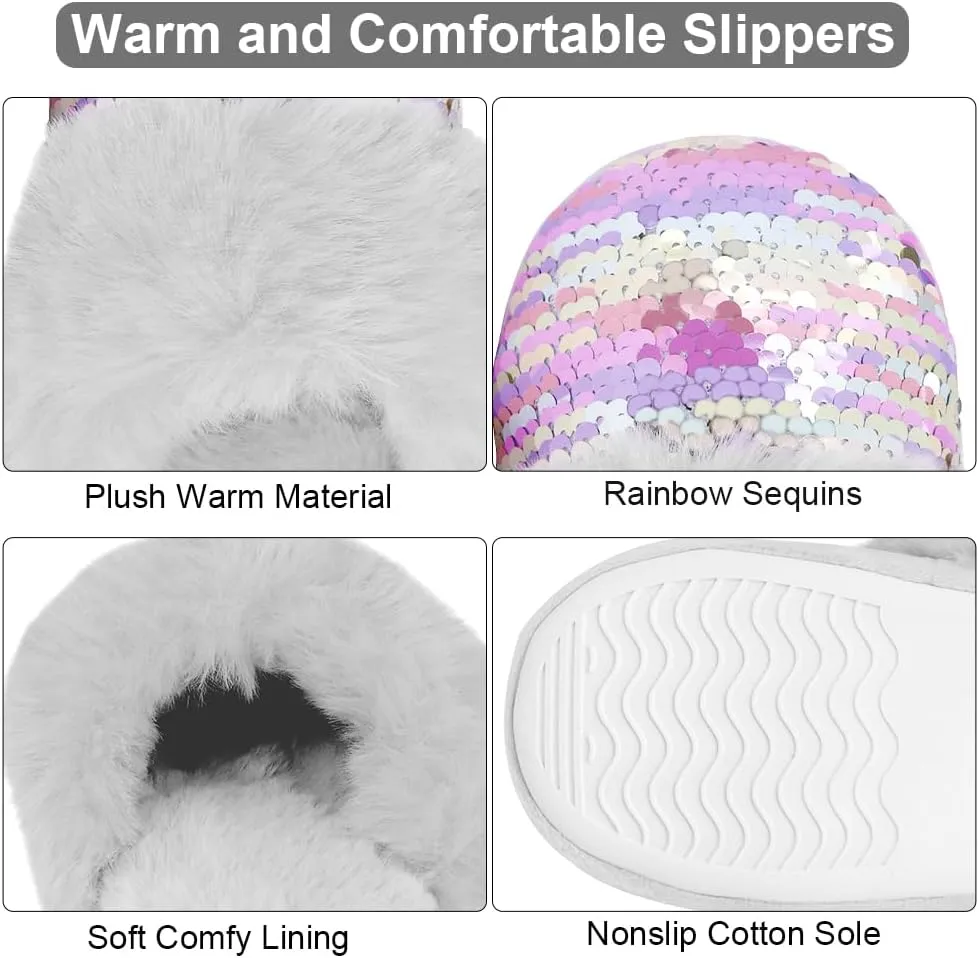 Girls Plush House Slippers Fluffy Sequin Slippers, Cute Faux Fur Slip-on Shoes Memory Foam House Slipper