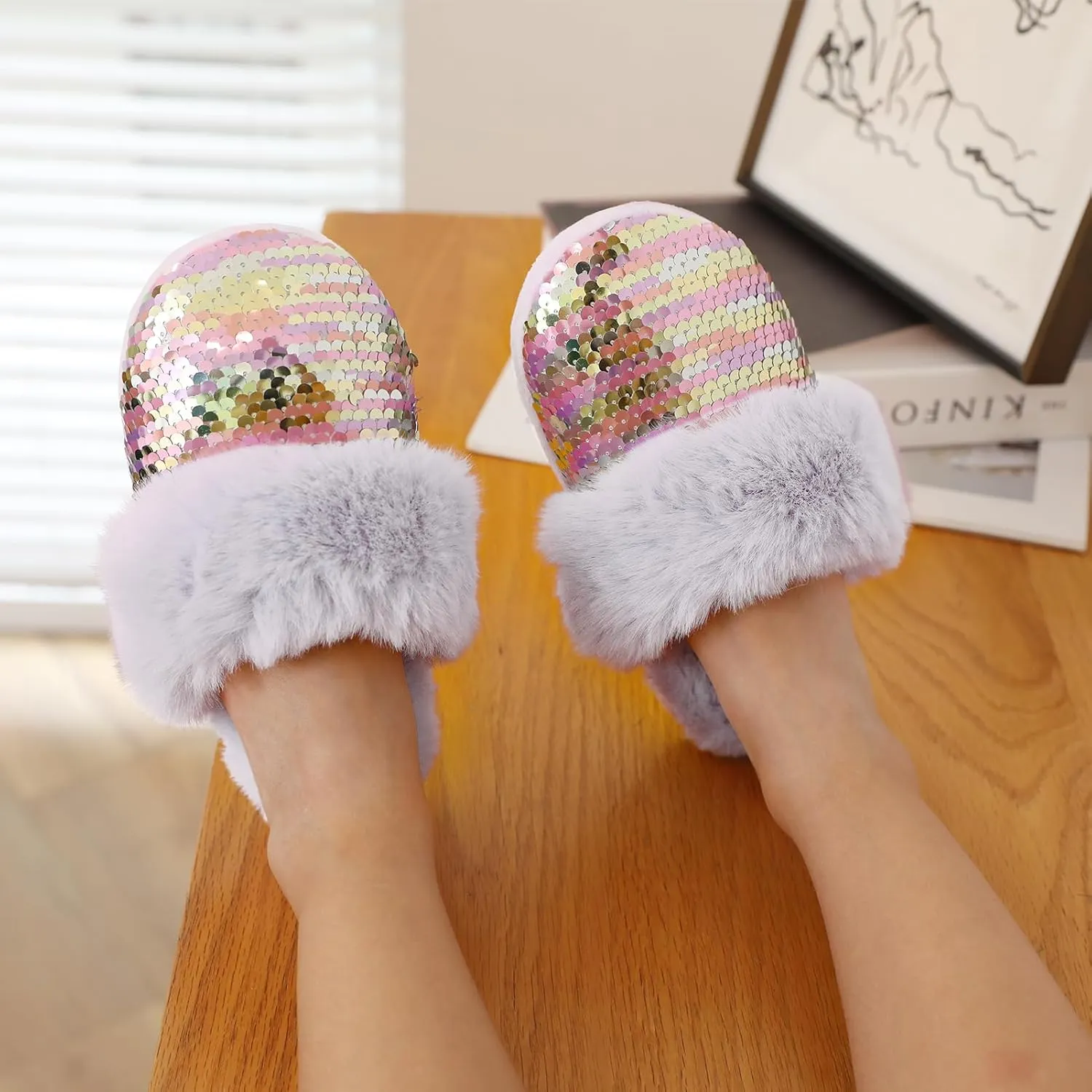 Girls Plush House Slippers Fluffy Sequin Slippers, Cute Faux Fur Slip-on Shoes Memory Foam House Slipper