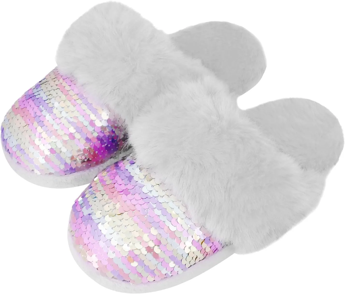 Girls Plush House Slippers Fluffy Sequin Slippers, Cute Faux Fur Slip-on Shoes Memory Foam House Slipper