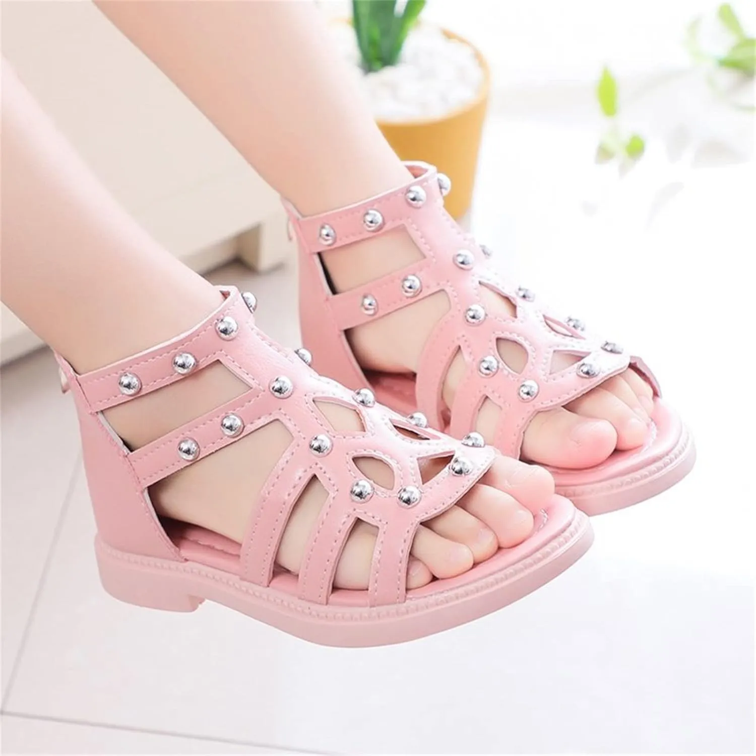 Girls Sandal Summer High Top Dress Shoes Non Slip Open Toe Beach Sandal Toddler Leather Zipper Back Pumps
