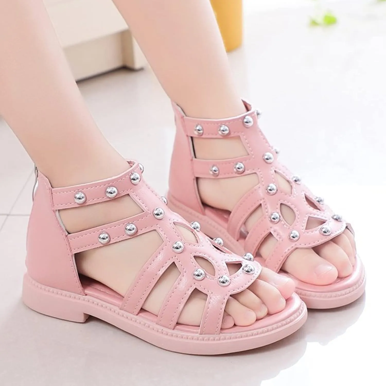Girls Sandal Summer High Top Dress Shoes Non Slip Open Toe Beach Sandal Toddler Leather Zipper Back Pumps