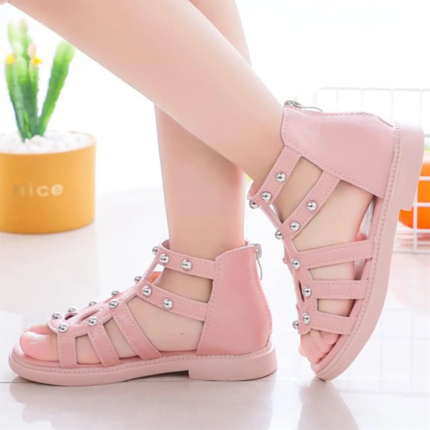 Girls Sandal Summer High Top Dress Shoes Non Slip Open Toe Beach Sandal Toddler Leather Zipper Back Pumps