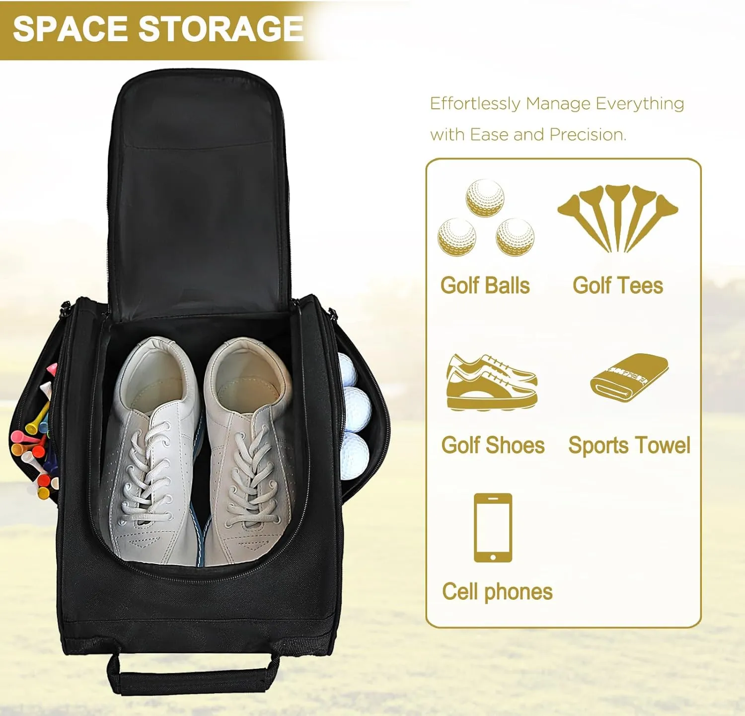 Goloni Golf Shoe Bag for Men & Women, Padded Travel Shoe Bag with Side Accessory Pockets,Sport Shoe Carrier for Golf Shoes,Socks,Tees & Balls,Durable & Lightweight Design(Black)