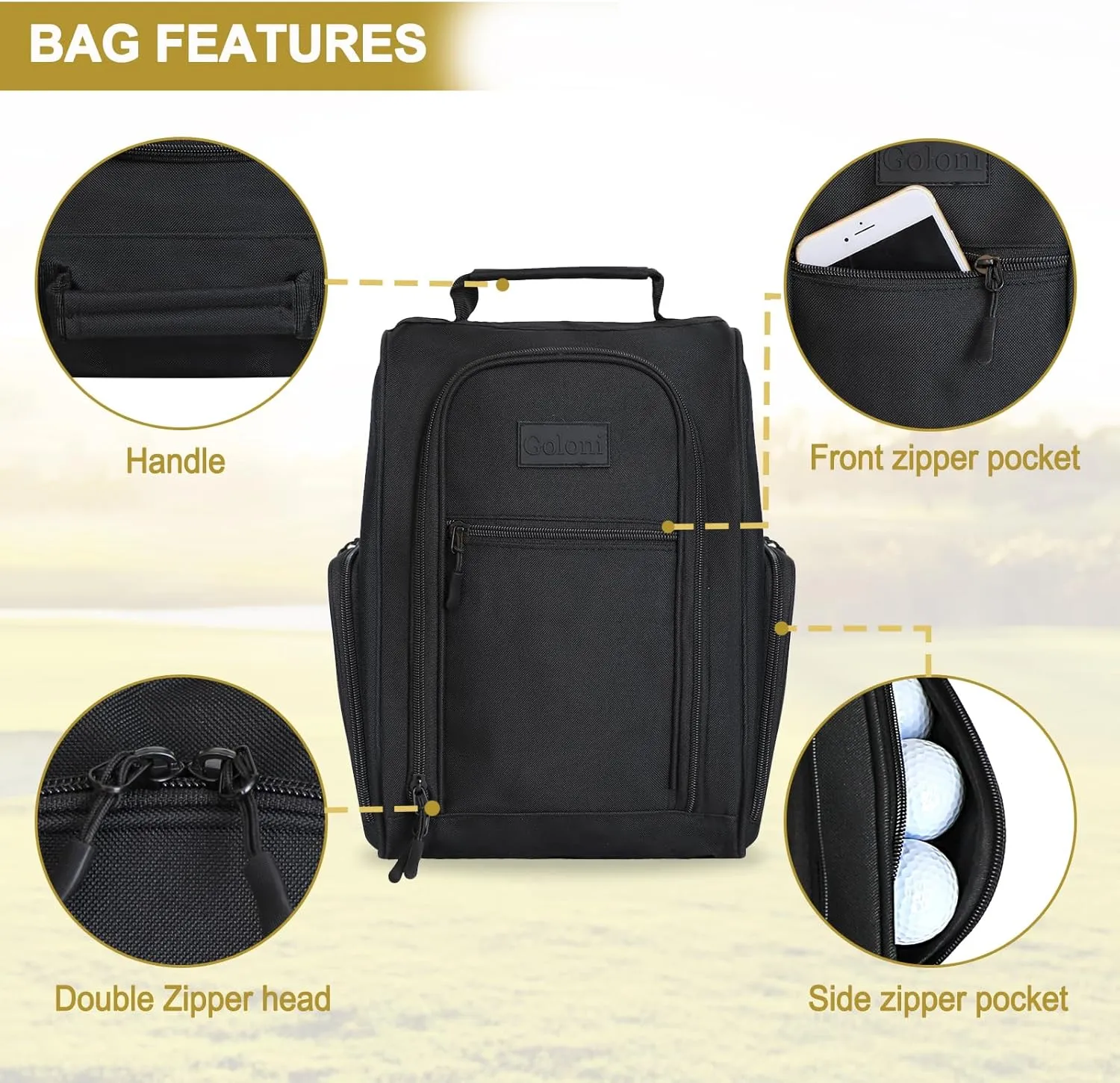 Goloni Golf Shoe Bag for Men & Women, Padded Travel Shoe Bag with Side Accessory Pockets,Sport Shoe Carrier for Golf Shoes,Socks,Tees & Balls,Durable & Lightweight Design(Black)