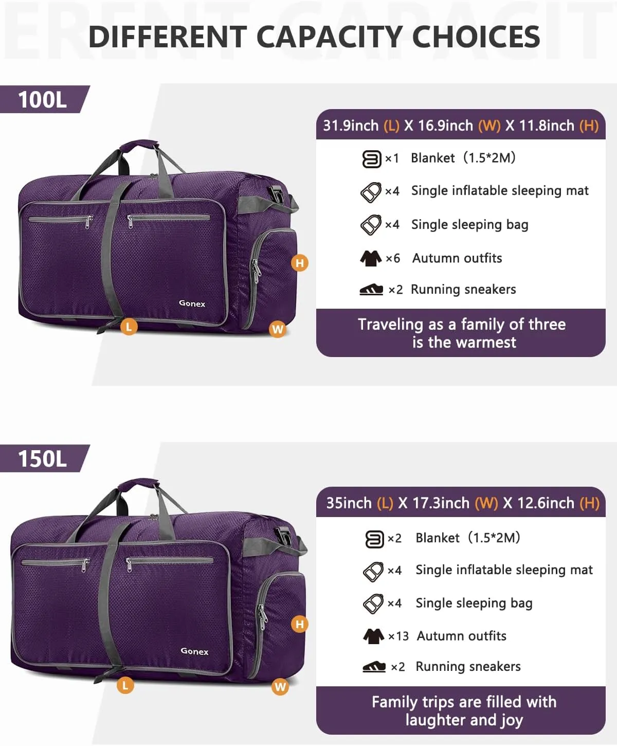 Gonex 40L 60L 80L 100L 150L Large Foldable Travel Duffle Bag with Shoes Compartment, Packable Lightweight Water Repellent Duffel Bag for Camping Gym Weekender Bag