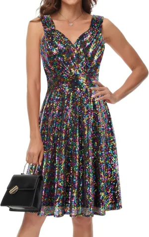 GRACE KARIN Women's Sequin Dresses Sleeveless V-Neck Sparkly Glitter Evening Party Dress