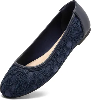 Greatonu Women's Flats Cut Out Round Toe Slip On Floral Ballet Flat Comfortable Lace Flats Dressy