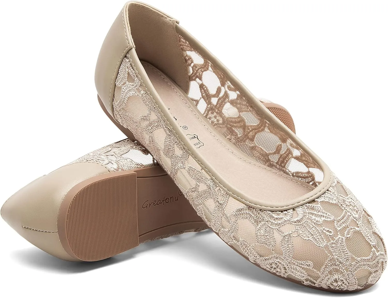 Greatonu Women's Flats Cut Out Round Toe Slip On Floral Ballet Flat Comfortable Lace Flats Dressy