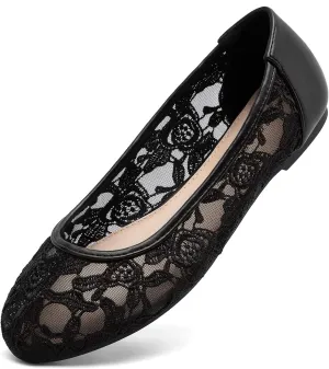 Greatonu Women's Flats Cut Out Round Toe Slip On Floral Ballet Flat Comfortable Lace Flats Dressy