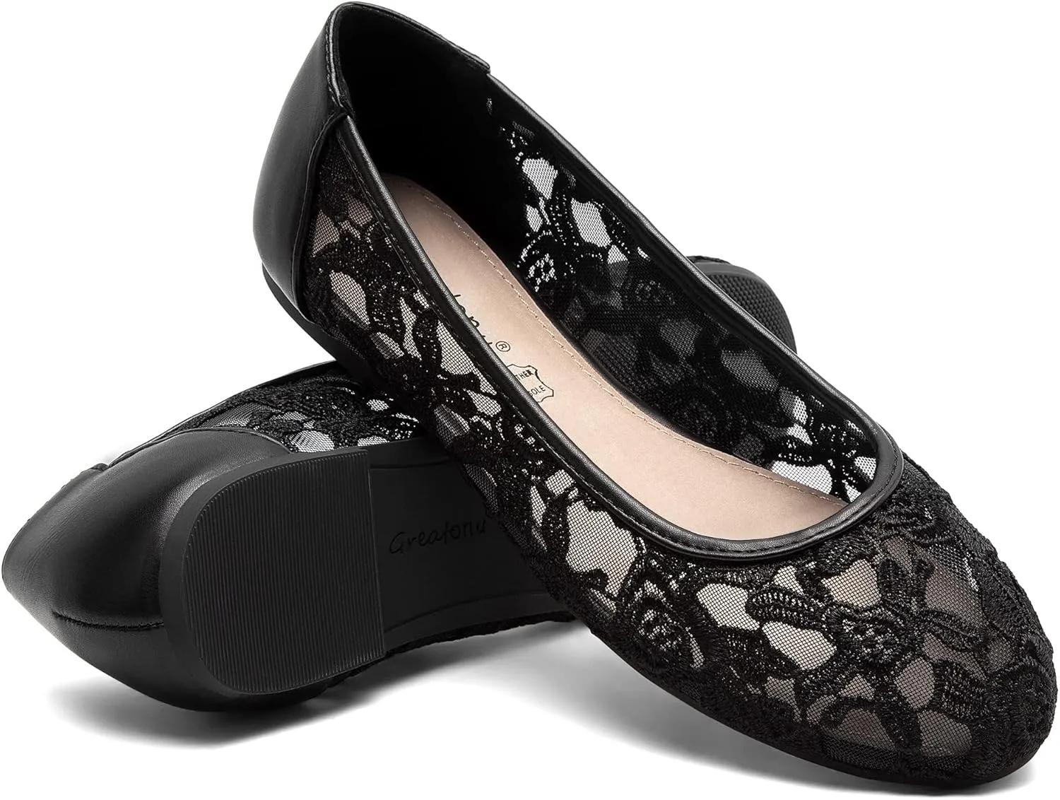 Greatonu Women's Flats Cut Out Round Toe Slip On Floral Ballet Flat Comfortable Lace Flats Dressy