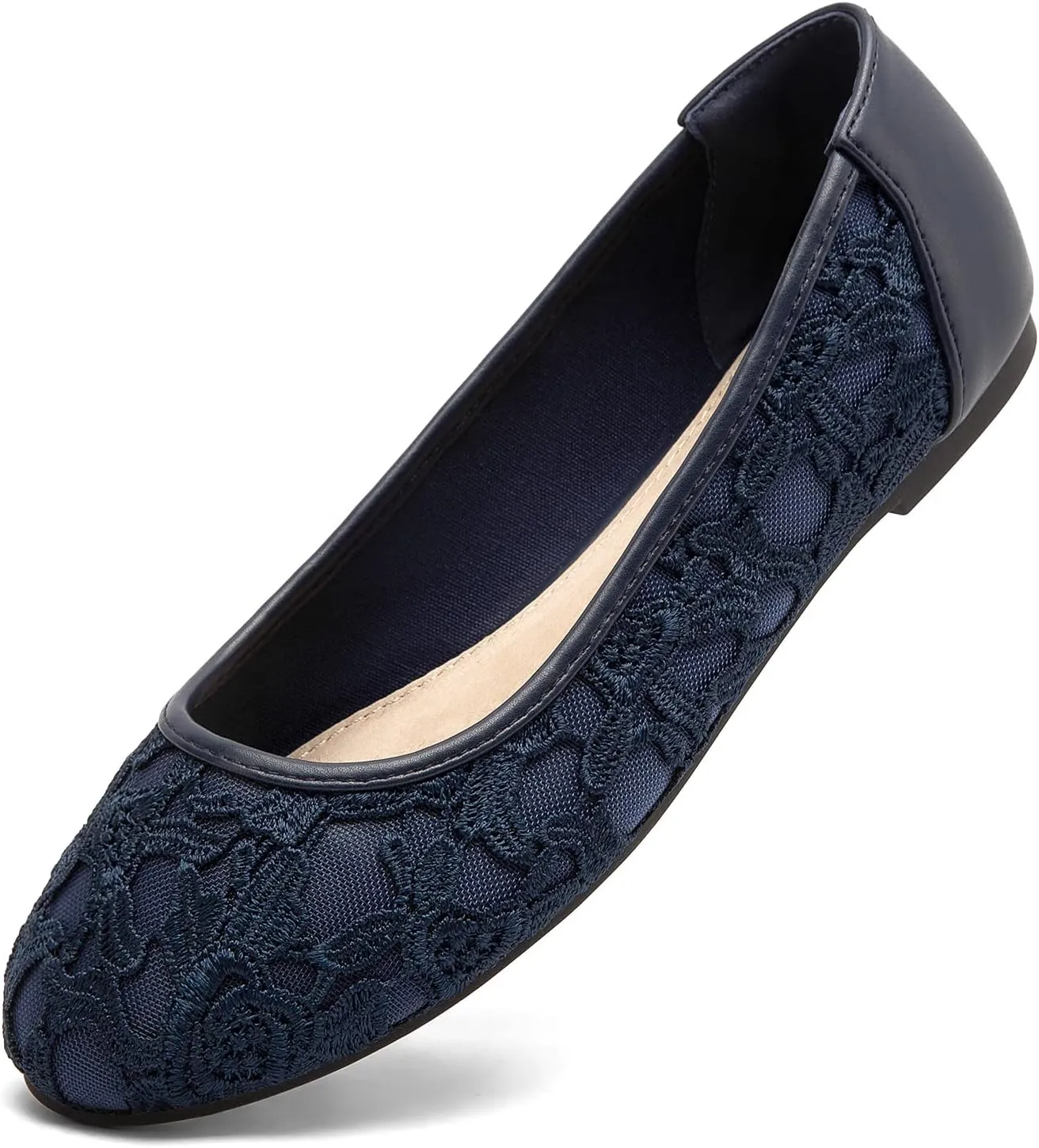 Greatonu Women's Flats Cut Out Round Toe Slip On Floral Ballet Flat Comfortable Lace Flats Dressy