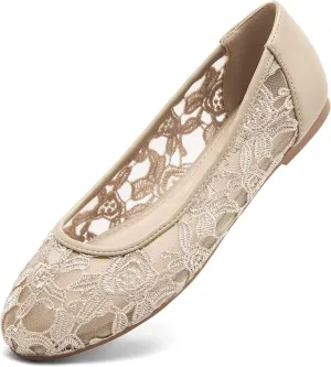 Greatonu Women's Flats Cut Out Round Toe Slip On Floral Ballet Flat Comfortable Lace Flats Dressy