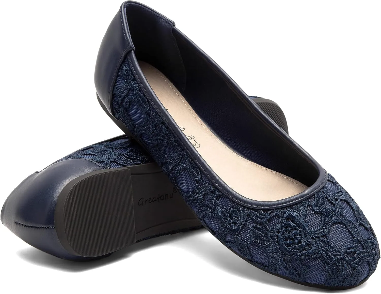 Greatonu Women's Flats Cut Out Round Toe Slip On Floral Ballet Flat Comfortable Lace Flats Dressy